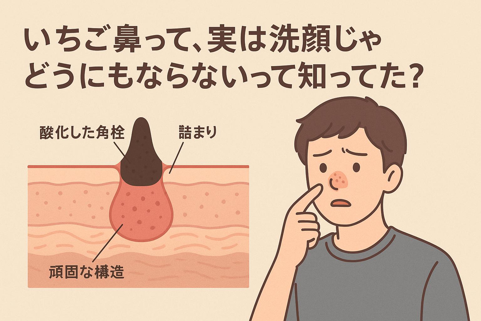 鼻にいちご鼻ができた男子大学生が不安そうに鼻を触っている。隣には角栓の酸化によって黒ずんだ毛穴断面図があり、「酸化した角栓」「詰まり」「頑固な構造」といった注釈で毛穴の詰まり構造を説明している。