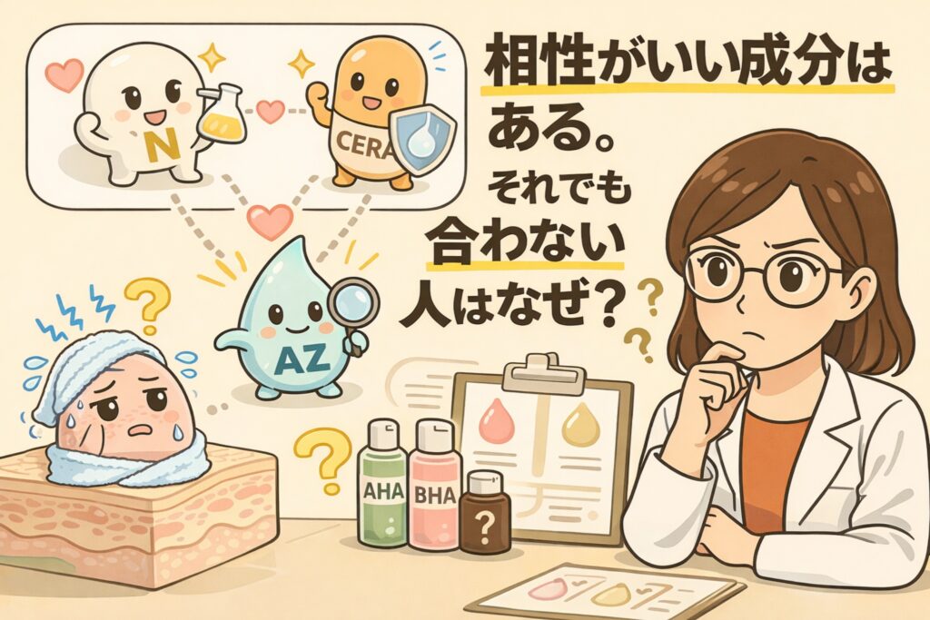 相性が良いとされるスキンケア成分でも、合わない人がいる理由を解説する図解イラスト。左上ではナイアシンアミド（N）とセラミド（CERA）が仲良く組み合わされており、一般的に相性が良い成分ペアを表している。中央にはアゼライン酸（AZ）が成分同士や処方を観察している様子が描かれている。一方、左下では肌が不調そうな人物が悩んでおり、右下にはAHA・BHAなどの角質ケア成分や成分設計の違いを示すアイテムが並んでいる。右側では白衣を着た専門家が考え込む姿で、「相性がいい成分はある。それでも合わない人はなぜ？」という問いを投げかけ、肌質・組み合わせ・順番・処方差による個人差を視覚的に伝えている。