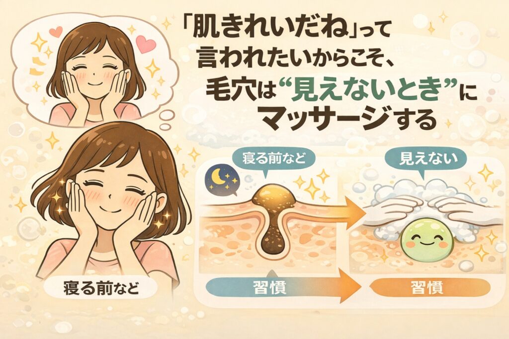 「肌きれいだね」と言われたい女性が、寝る前など“毛穴が見えないとき”にマッサージする習慣を描いたイラスト。リラックスした表情の女性と、夜のタイミングで毛穴の流れを整え、角栓化を防ぐ様子を毛穴断面図と擬人化キャラクターで説明している