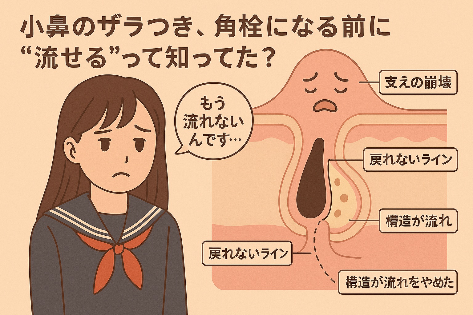 小鼻のザラつきと詰まりの進行を示すイラスト。制服姿の女子高生と、悲しげな擬人化毛穴キャラが描かれ、肌構造の中で「戻れないライン」や「構造が流れをやめた」といった要素が視覚化されている。