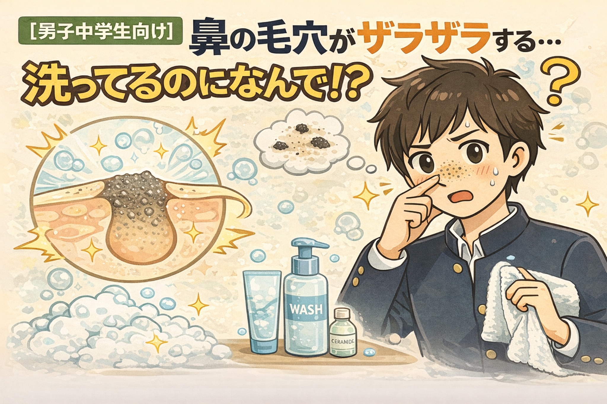 男子中学生向けに、洗っているのに鼻の毛穴がザラザラする理由を解説したイラスト。洗顔後も毛穴内に皮脂や角質が残る構造を断面図で示し、成長期特有の皮脂分泌と毛穴詰まりの関係をわかりやすく説明している。