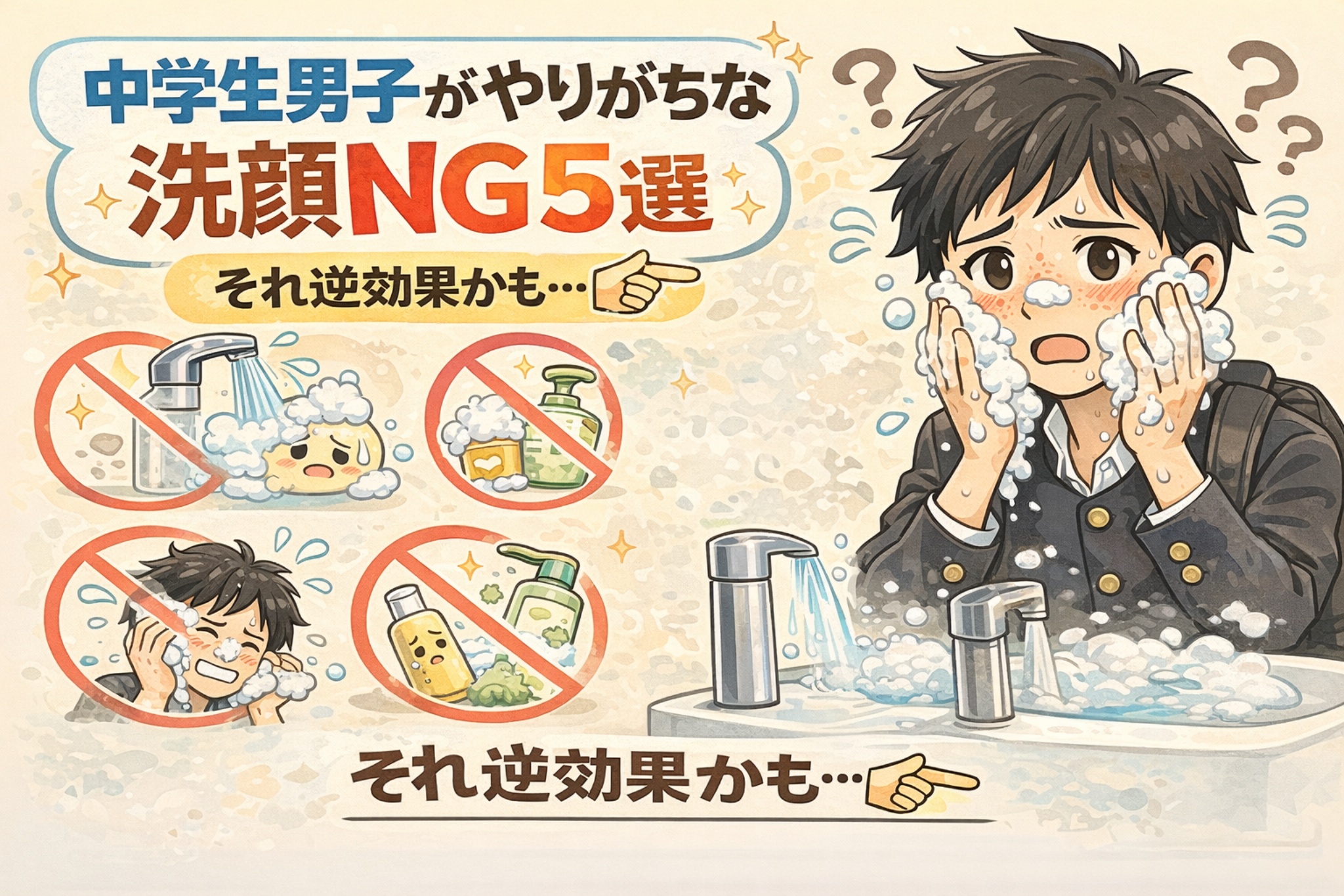 中学生男子がやりがちな洗顔のNG行動を解説したイラスト。泡をつけすぎる、強くこする、洗浄力の強い洗顔料を使う、シャワーで流すなどの逆効果になりやすい洗顔習慣を、困った表情の男子学生とNGマーク付きの図解でわかりやすく示している。