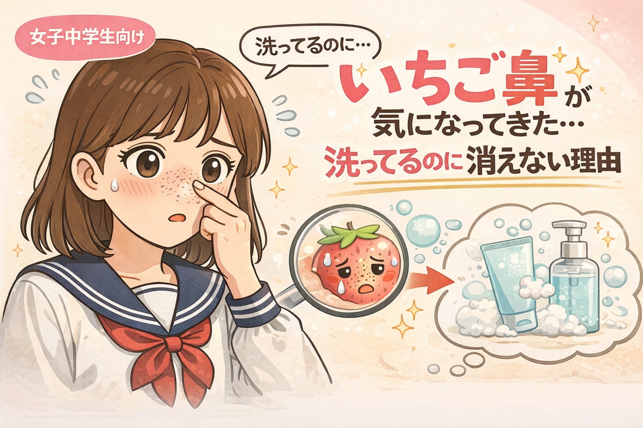洗顔しているのにいちご鼻が気になり始めた女子中学生の悩みを描いたイラスト。鼻の黒ずみや角栓が洗顔だけでは消えにくい理由を示唆し、思春期特有の毛穴トラブルをやさしい表情と洗顔アイテムのイメージで表現している。