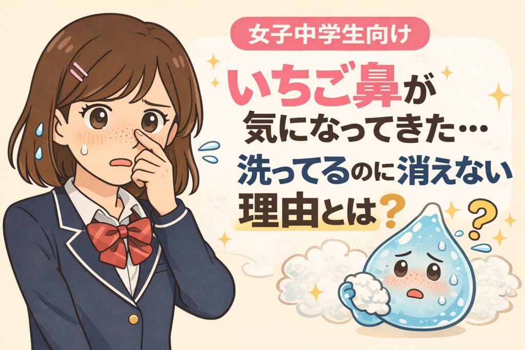 女子中学生が鼻のいちご鼻（黒ずみ・角栓）が気になり、洗顔しているのに消えない理由を疑問に感じている様子を描いたイラスト。制服姿の少女と、洗顔だけでは落としきれない皮脂や角栓のイメージを組み合わせ、思春期特有の毛穴悩みをやさしく表現している。