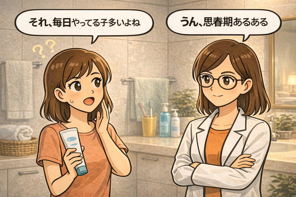 中学生に多い毛穴ケアの悩みを描いたイラスト。洗顔料を手に「それ、毎日やってる子多いよね」と話す女の子と、白衣で眼鏡の女性が「思春期あるある」と共感しながら見守る構図。洗顔のやりすぎが黒ずみを悪化させる可能性があることを示唆し、正しい洗顔方法を考える導入用アイキャッチ。