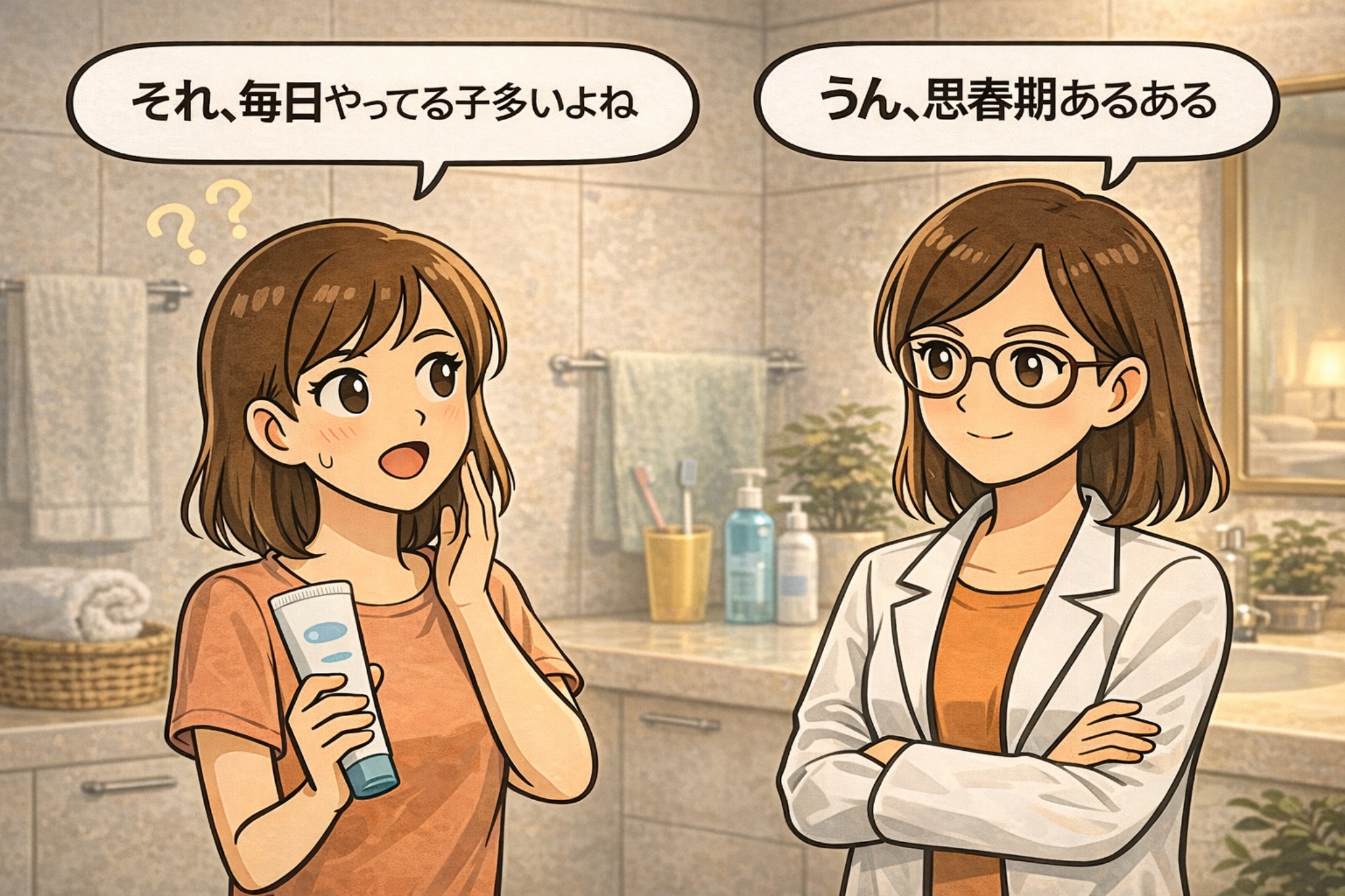 中学生に多い毛穴ケアの悩みを描いたイラスト。洗顔料を手に「それ、毎日やってる子多いよね」と話す女の子と、白衣で眼鏡の女性が「思春期あるある」と共感しながら見守る構図。洗顔のやりすぎが黒ずみを悪化させる可能性があることを示唆し、正しい洗顔方法を考える導入用アイキャッチ。