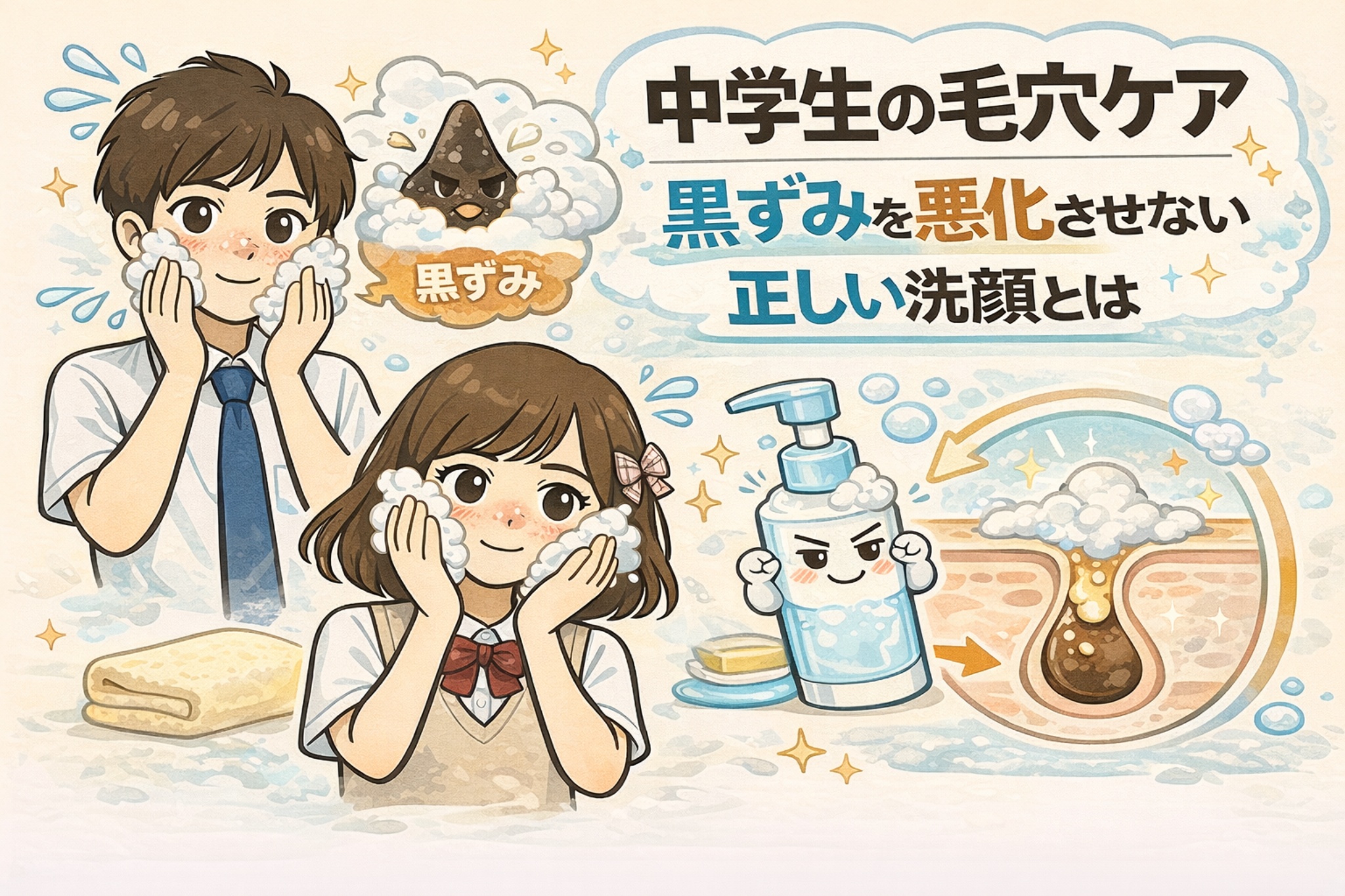中学生の毛穴ケアをテーマにした図解イラスト。男子生徒と女子生徒が泡でやさしく洗顔している様子が描かれ、黒ずみを悪化させない正しい洗顔方法を表現している。右側には洗顔料と毛穴断面図が配置され、泡で汚れや皮脂を包み込み、毛穴の詰まりを防ぐ流れを示している。思春期の毛穴ケアと正しい洗顔習慣の重要性を伝えるビジュアル。