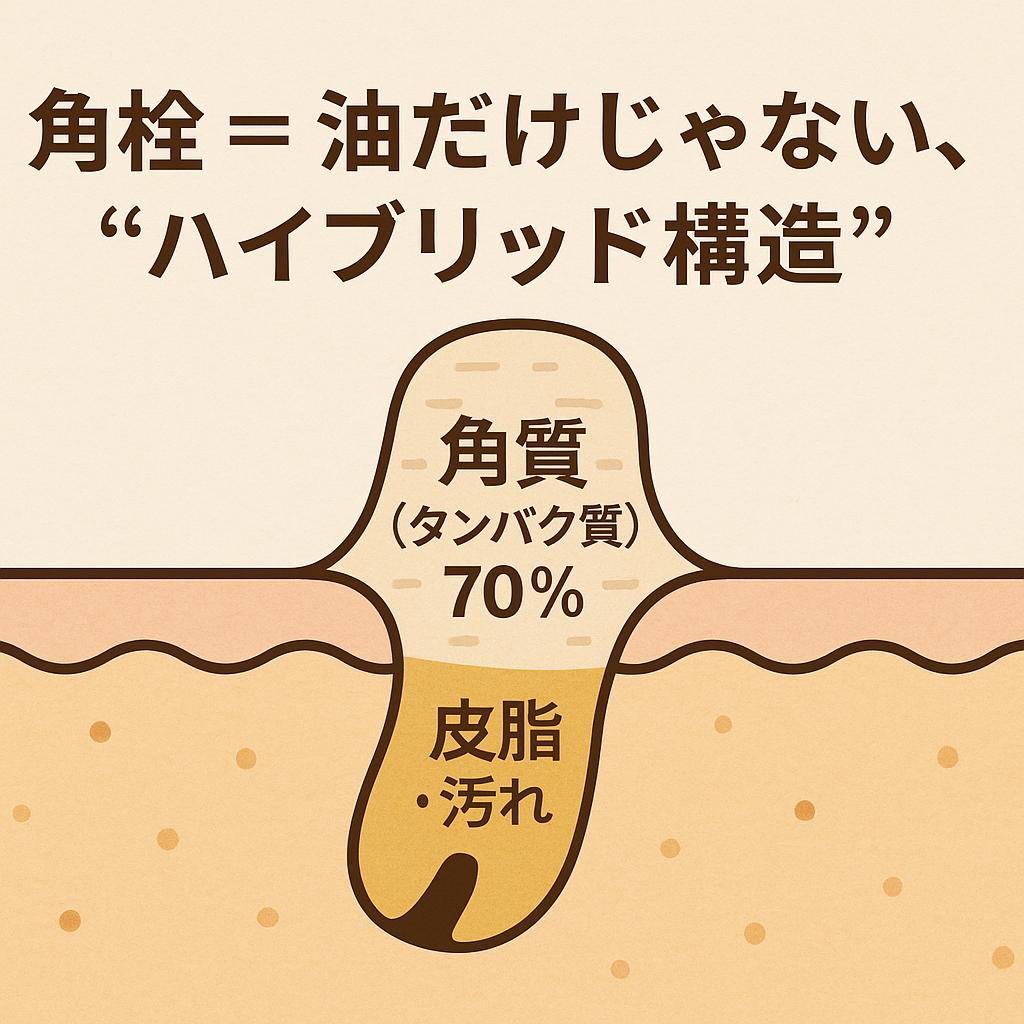 「毛穴の断面図。角栓の約70％が角質（タンパク質）、残りが皮脂・汚れで構成される“ハイブリッド構造”を示すイラスト。上部にキャッチコピー『角栓＝油だけじゃない、“ハイブリッド構造”』と表示。」 