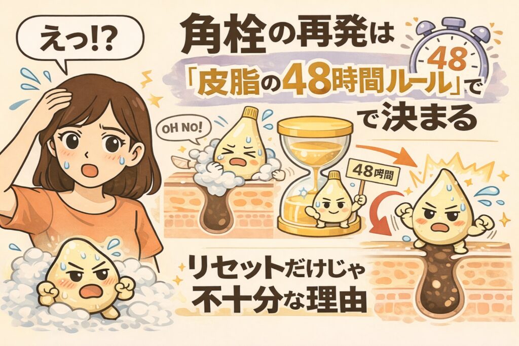 角栓が再発する理由を「皮脂の48時間ルール」から解説するイラスト。皮脂分泌から48時間で酸化・再詰まりが進む流れを、砂時計や擬人化キャラクター、毛穴断面図で示し、角栓リセットだけでは不十分で継続ケアが必要な理由をわかりやすく表現している。