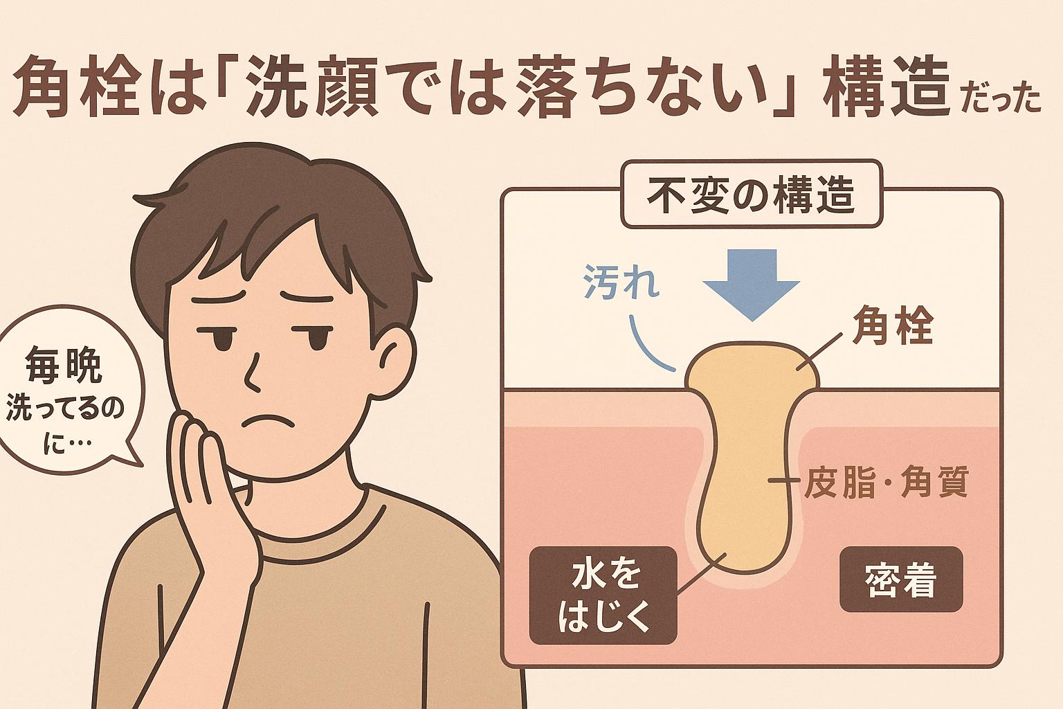 「毎晩洗ってるのに…」と不満げな男性と、皮脂と角質で構成された角栓が肌に密着している様子を断面で表現。「水をはじく」「密着」「皮脂・角質」「汚れ」などの要素で、落ちない理由を構造的に伝えている。