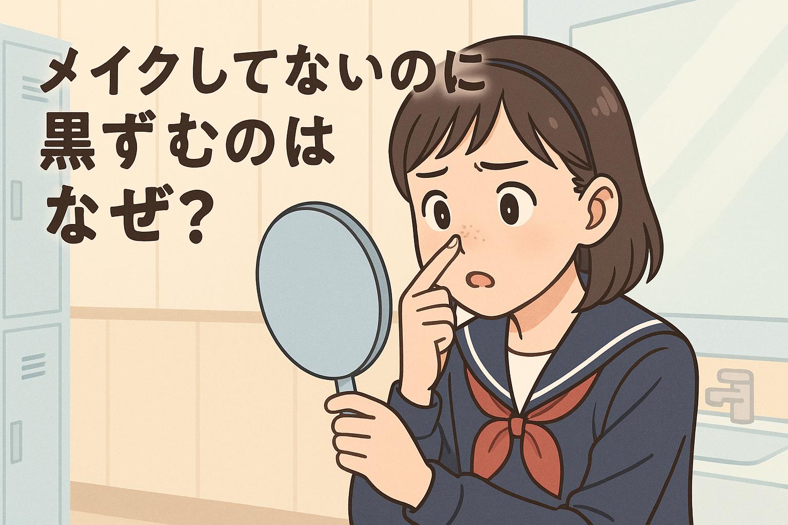 「セーラー服の中学生女子が鏡をのぞき込み、小鼻の黒ずみを気にしているイラスト。背景は学校のロッカールーム風で、横に『メイクしてないのに黒ずむのはなぜ？』と大きく書かれている。」