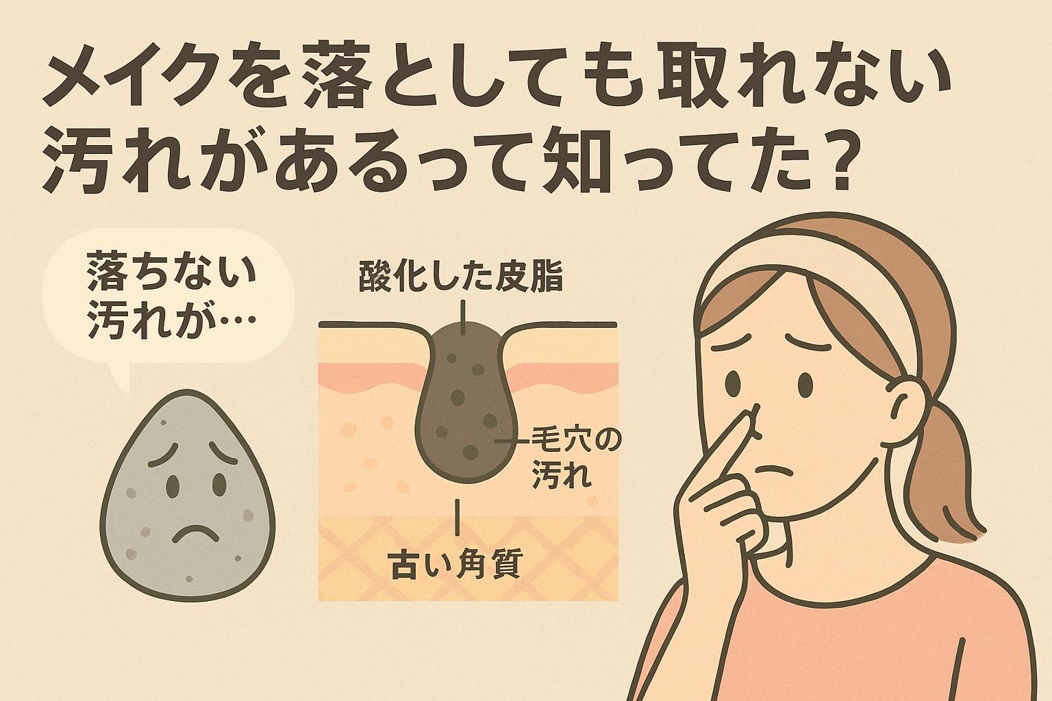 　「メイクを落としても取れない汚れがあるって知ってた？」というタイトル。左に「残っているんです」と語る皮脂キャラ、中央にメイク残りと皮脂詰まりの断面図、右に鼻の汚れを気にする女子大生。