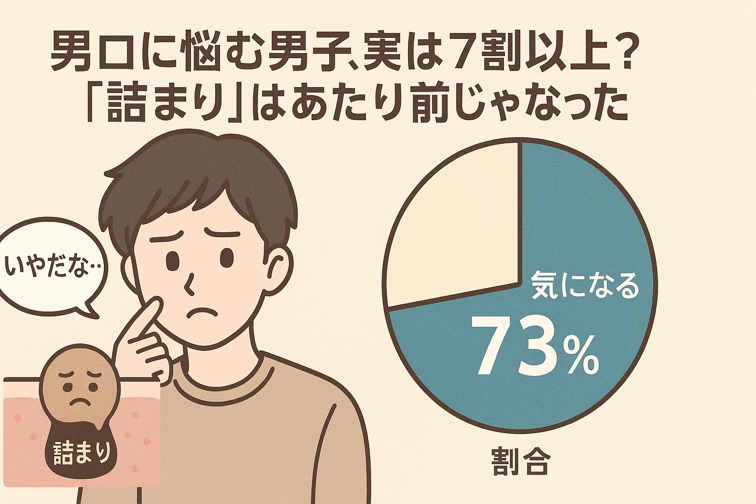 「いやだな…」と悩む男子高校生と、詰まりキャラが描かれた毛穴断面イラスト。右側には「73% 気になる」と書かれた円グラフが表示され、男性の毛穴悩みが多数派であることを可視化。詰まりは“普通ではない”ことを伝える構成。