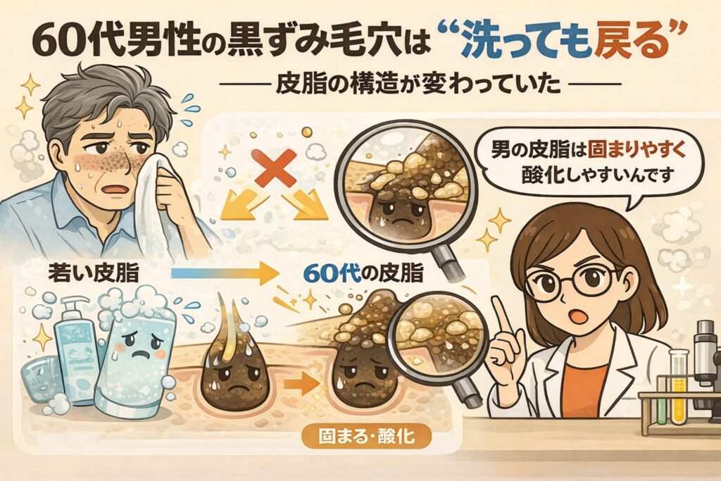 60代男性の黒ずみ毛穴が「洗っても戻る」理由を、皮脂構造の変化から解説するイラスト。若い頃の皮脂と60代の皮脂を比較し、年齢とともに皮脂が固まりやすく酸化しやすくなることで角栓が再発しやすい様子を毛穴断面図で示している。白衣の女性が拡大鏡で説明し、洗顔だけでは改善しにくい構造的な原因をわかりやすく伝える毛穴ケア解説画像。