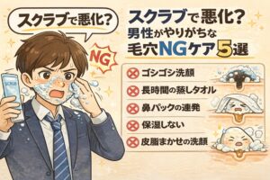 スクラブで毛穴が悪化する原因を、男性がやりがちなNG毛穴ケア5選として解説するイラスト。スクラブ洗顔で鼻を強くこする男性とともに、「ゴシゴシ洗顔」「長時間の蒸しタオル」「鼻パックの連発」「保湿不足」「皮脂まかせの洗顔」といった誤ったケアが毛穴詰まりや黒ずみを悪化させる様子を図解している男性向け毛穴ケア注意喚起画像。