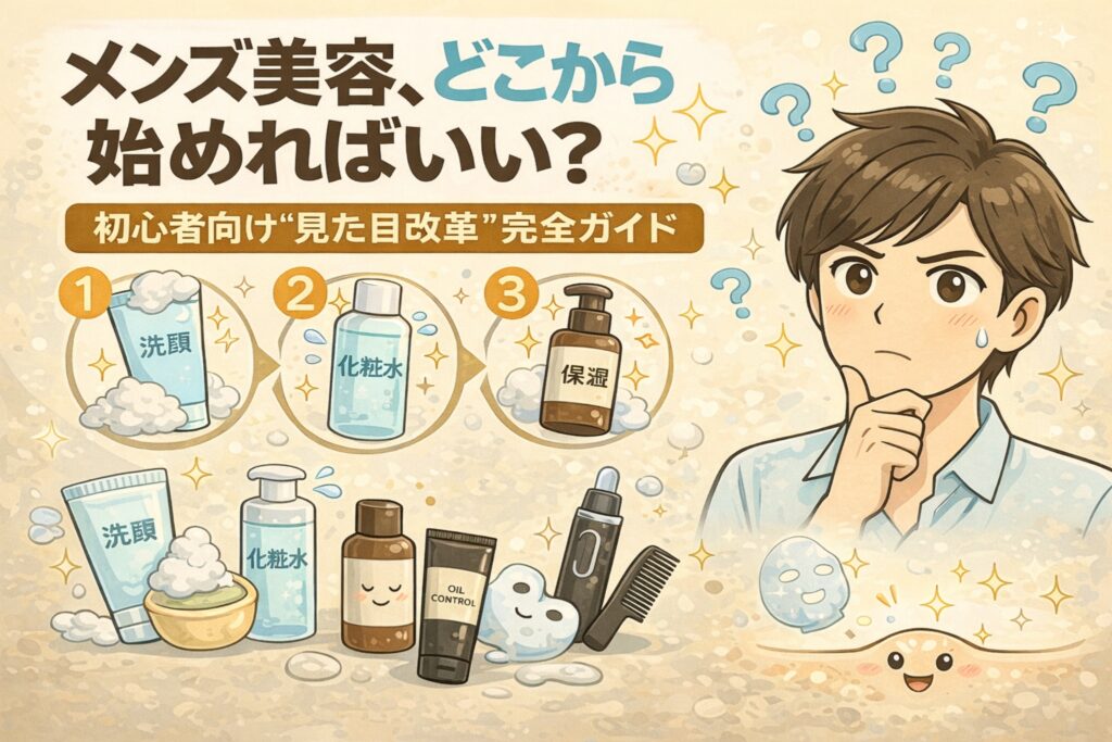 メンズ美容をどこから始めればいいかを初心者向けに解説したイラスト。洗顔・化粧水・保湿の3ステップを中心に、基本的なスキンケア用品と手順を示し、見た目改善の第一歩を分かりやすく紹介している。