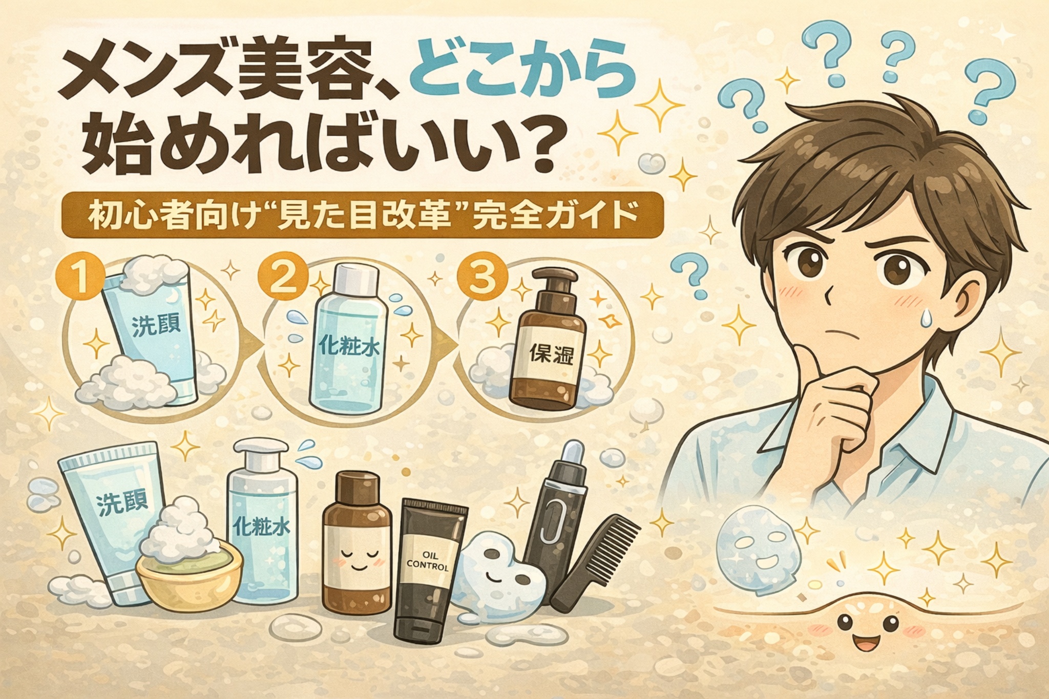 メンズ美容をどこから始めればいいかを初心者向けに解説したイラスト。洗顔・化粧水・保湿の3ステップを中心に、基本的なスキンケア用品と手順を示し、見た目改善の第一歩を分かりやすく紹介している。