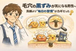 毛穴の黒ずみが気になる男性に向けて、洗顔よりも毎日の習慣が重要であることを解説したイラスト。鼻の角栓構造を拡大図で示し、皮脂や汚れが蓄積する様子と、夜のケア習慣が黒ずみ対策の鍵になることを分かりやすく表現している。