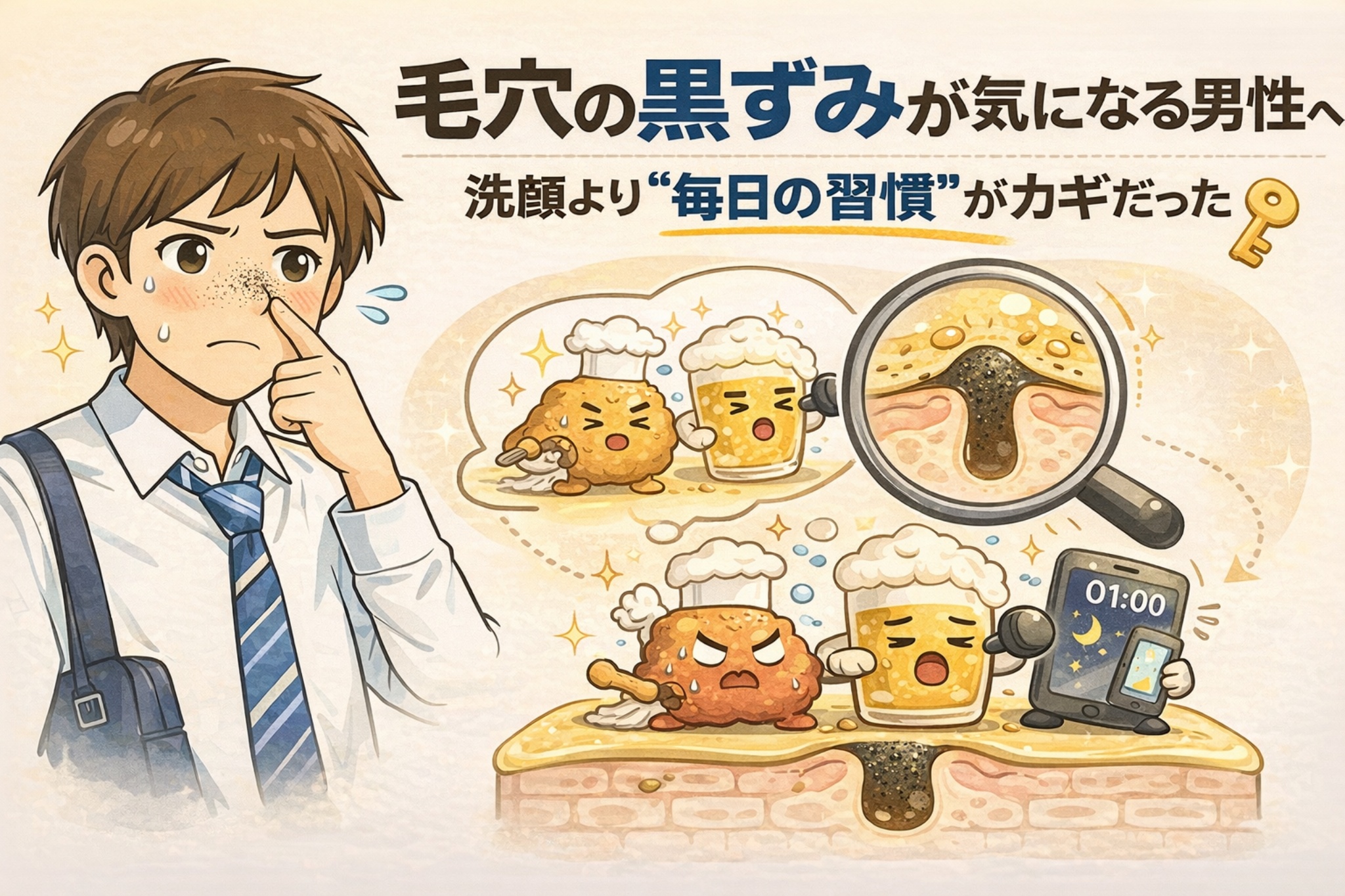 毛穴の黒ずみが気になる男性に向けて、洗顔よりも毎日の習慣が重要であることを解説したイラスト。鼻の角栓構造を拡大図で示し、皮脂や汚れが蓄積する様子と、夜のケア習慣が黒ずみ対策の鍵になることを分かりやすく表現している。