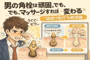 男性の頑固な角栓はマッサージによって状態が変わることを示した図解イラスト。鼻の毛穴に詰まった角栓のBEFORE／AFTERを比較し、マッサージによって角栓がゆるみ、毛穴の流れが整う様子を描いている。