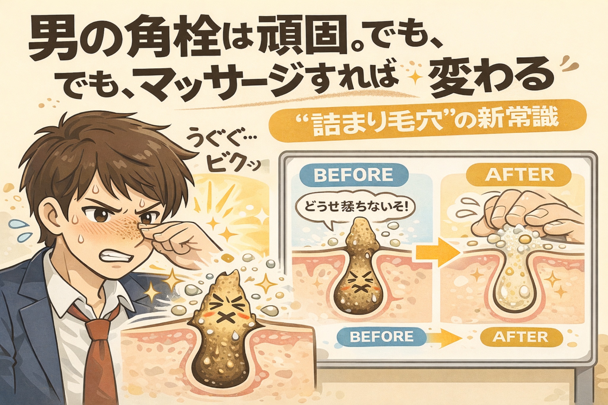 男性の頑固な角栓はマッサージによって状態が変わることを示した図解イラスト。鼻の毛穴に詰まった角栓のBEFORE／AFTERを比較し、マッサージによって角栓がゆるみ、毛穴の流れが整う様子を描いている。