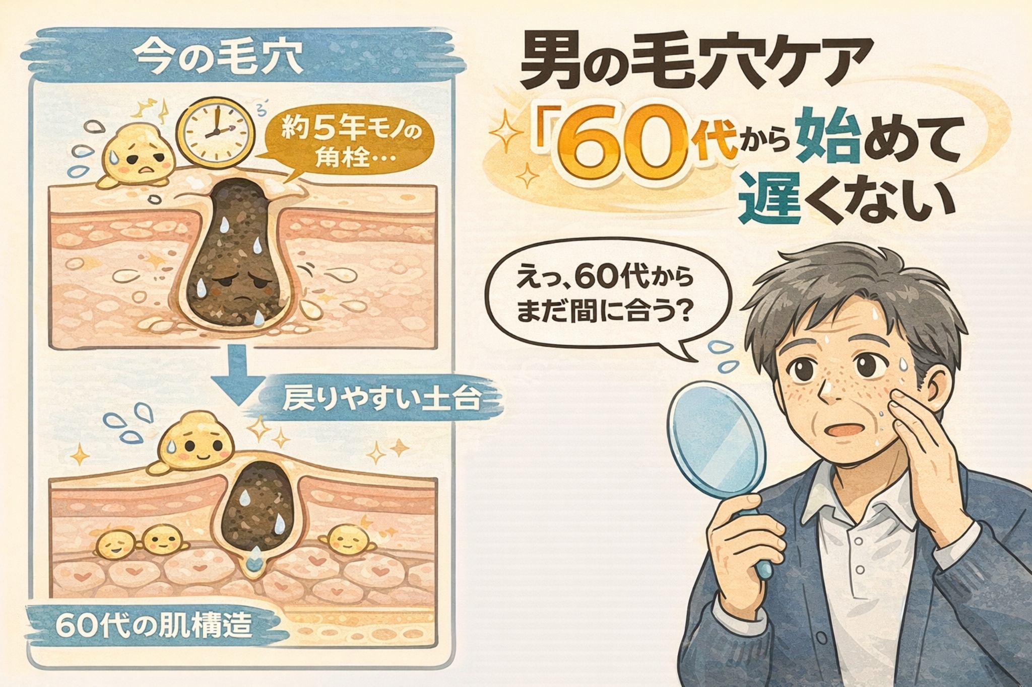 60代からでも遅くない男性の毛穴ケアを解説した図解イラスト。長年蓄積した角栓構造と、年齢肌でもケア次第で改善しやすい土台があることを、毛穴断面図と男性の表情比較で分かりやすく示している。