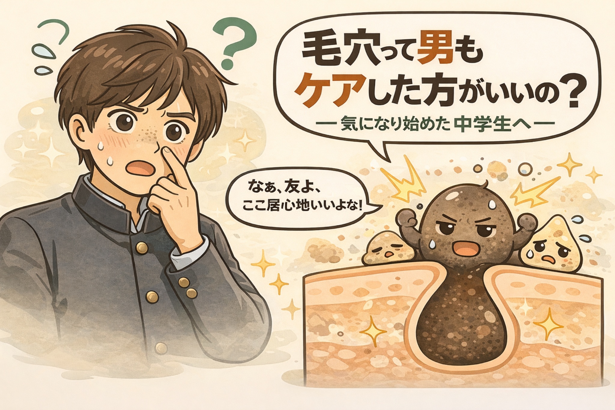 毛穴ケアは男も必要なのか悩み始めた中学生向けに、毛穴の詰まりを分かりやすく表現したイラスト。鼻を気にする男子学生と、毛穴の中に居座る擬人化された角栓キャラクターを対比し、思春期に毛穴ケアを始める重要性をやさしく伝えている。