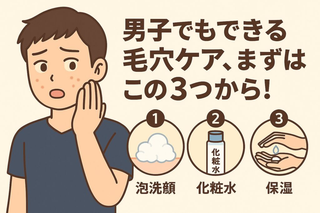 男性でもできる毛穴ケアを紹介するイラスト。ニキビに悩む男性が頬を触りながら驚いた表情をしている。右側には「男子でもできる毛穴ケア、まずはこの3つから!」というテキストとともに、①泡洗顔、②化粧水、③保湿の3ステップが丸いアイコンで描かれている。