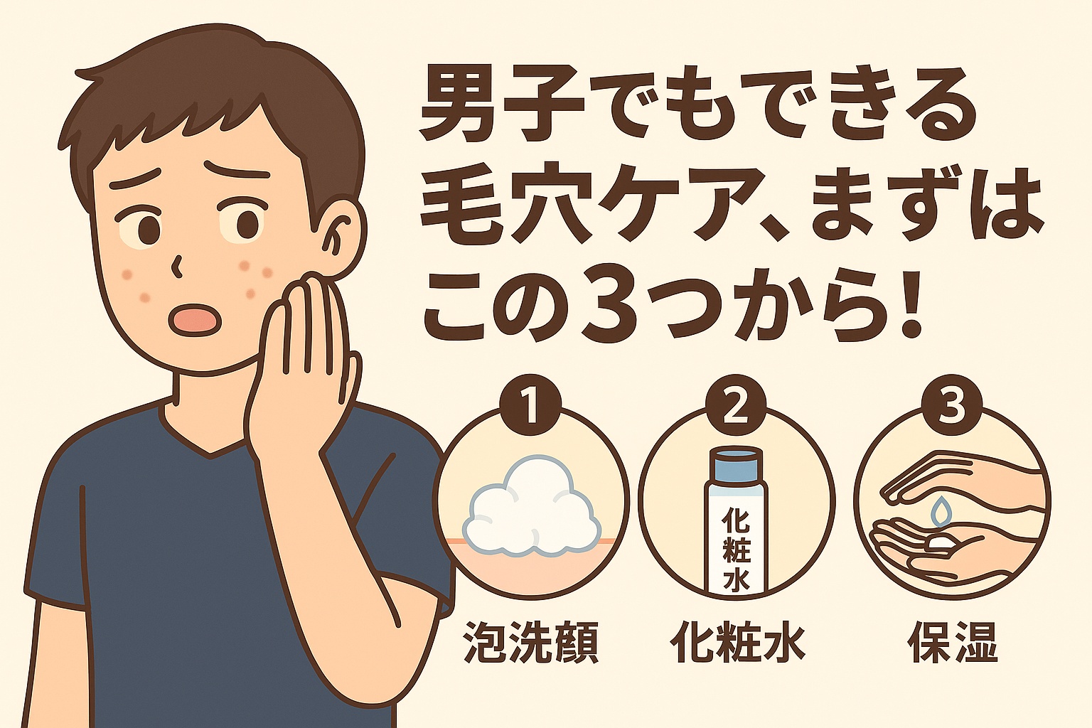 男性でもできる毛穴ケアを紹介するイラスト。ニキビに悩む男性が頬を触りながら驚いた表情をしている。右側には「男子でもできる毛穴ケア、まずはこの3つから!」というテキストとともに、①泡洗顔、②化粧水、③保湿の3ステップが丸いアイコンで描かれている。