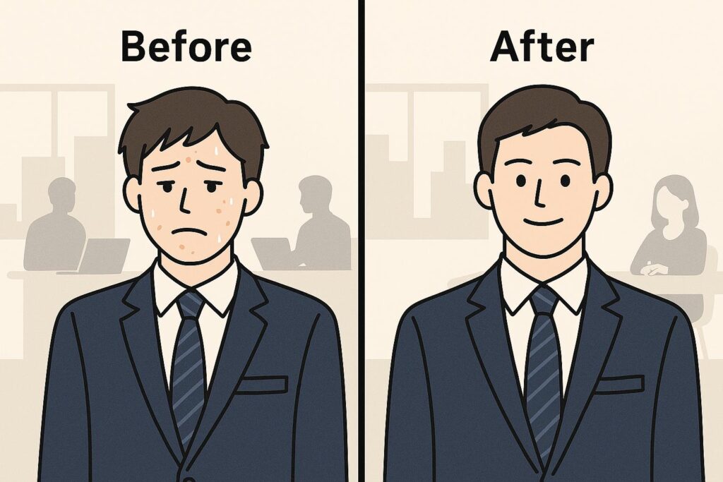 ビジネススーツを着た男性のビフォーアフター対比イラスト。
左の「Before」では、テカリや毛穴の目立つ疲れた表情の男性。
右の「After」では、肌が整い清潔感のある笑顔の男性が描かれている。
背景にはオフィスを連想させるシルエットがあり、第一印象の違いを強調している。 