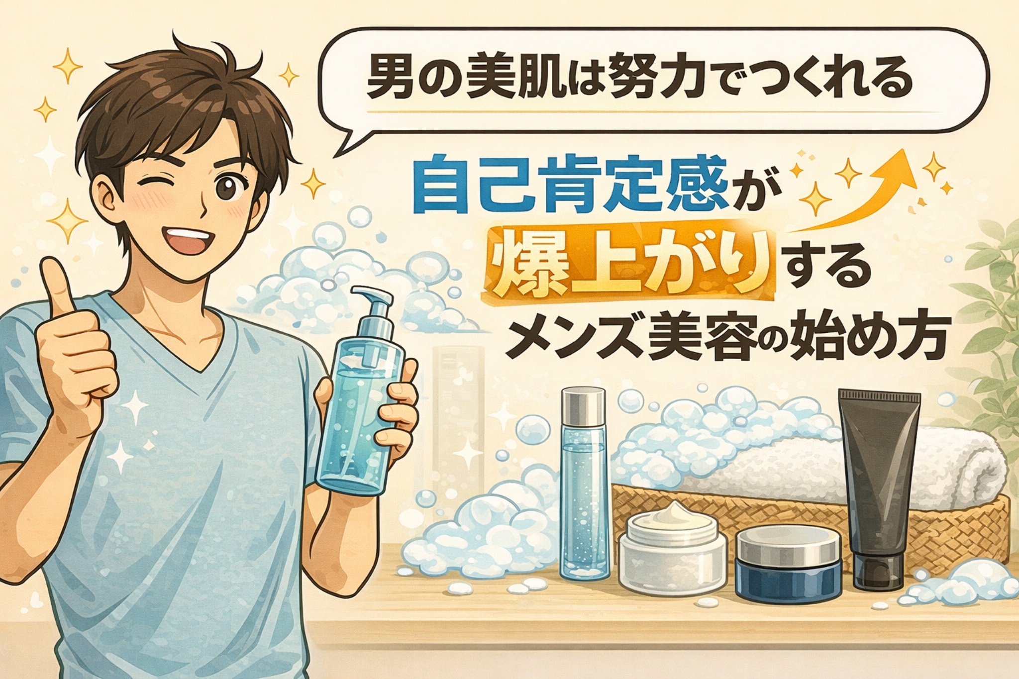 メンズ美容の始め方をテーマにしたイラスト。スキンケアボトルを手に親指を立てた男性が、洗顔や保湿などの基本ケアによって肌が整い、自己肯定感が高まっていく様子を表現。背景には泡やスキンケア用品が並び、「男の美肌は努力でつくれる」「自己肯定感が爆上がりする」といったメッセージが描かれている。