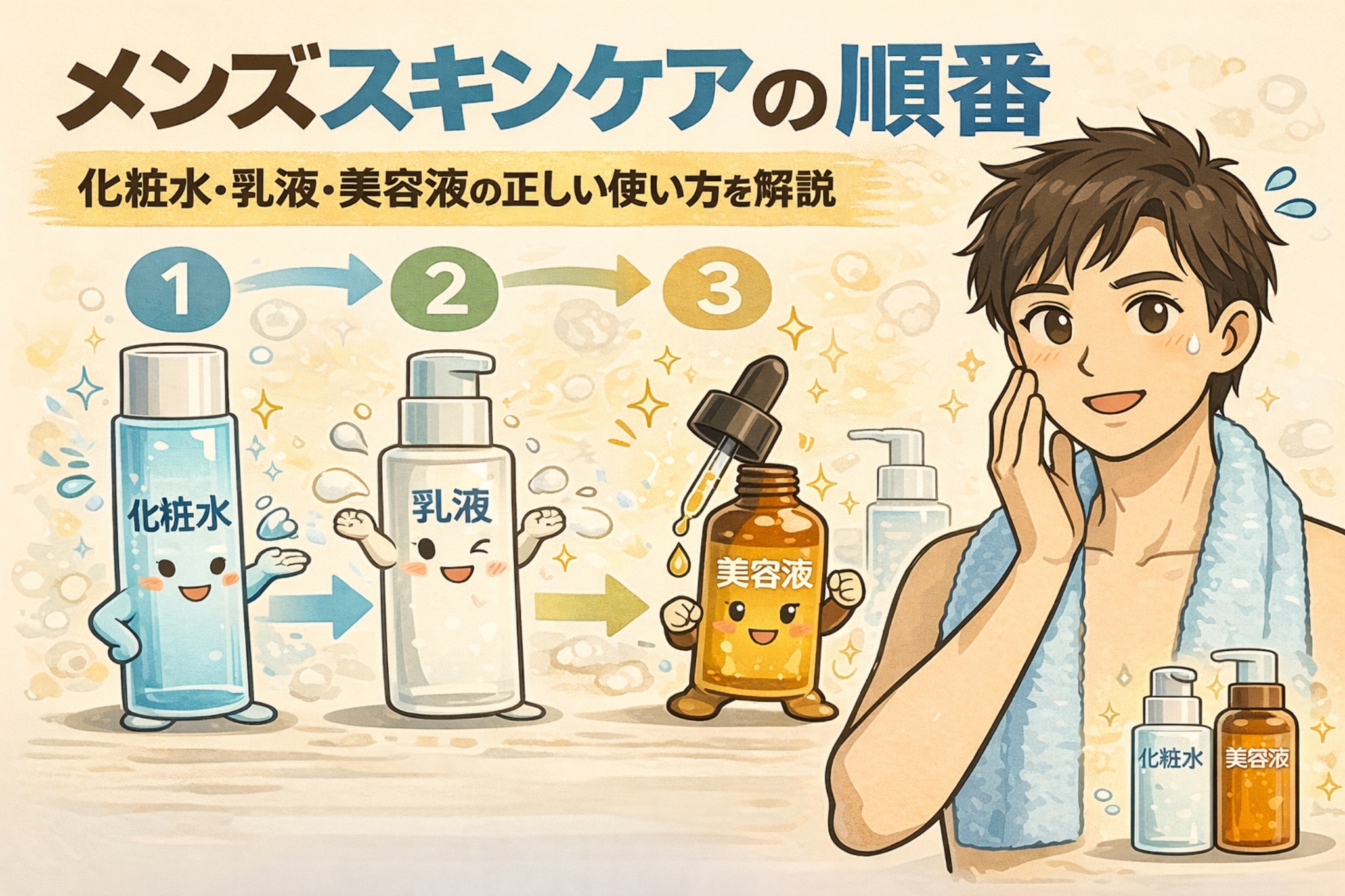 メンズスキンケアの正しい順番を解説するイラスト。化粧水→乳液→美容液の使い方を、擬人化したスキンケアボトルと番号付きの矢印で示し、洗顔後にケアを行う男性の姿とともに、基本的なスキンケア手順をわかりやすく表現している。