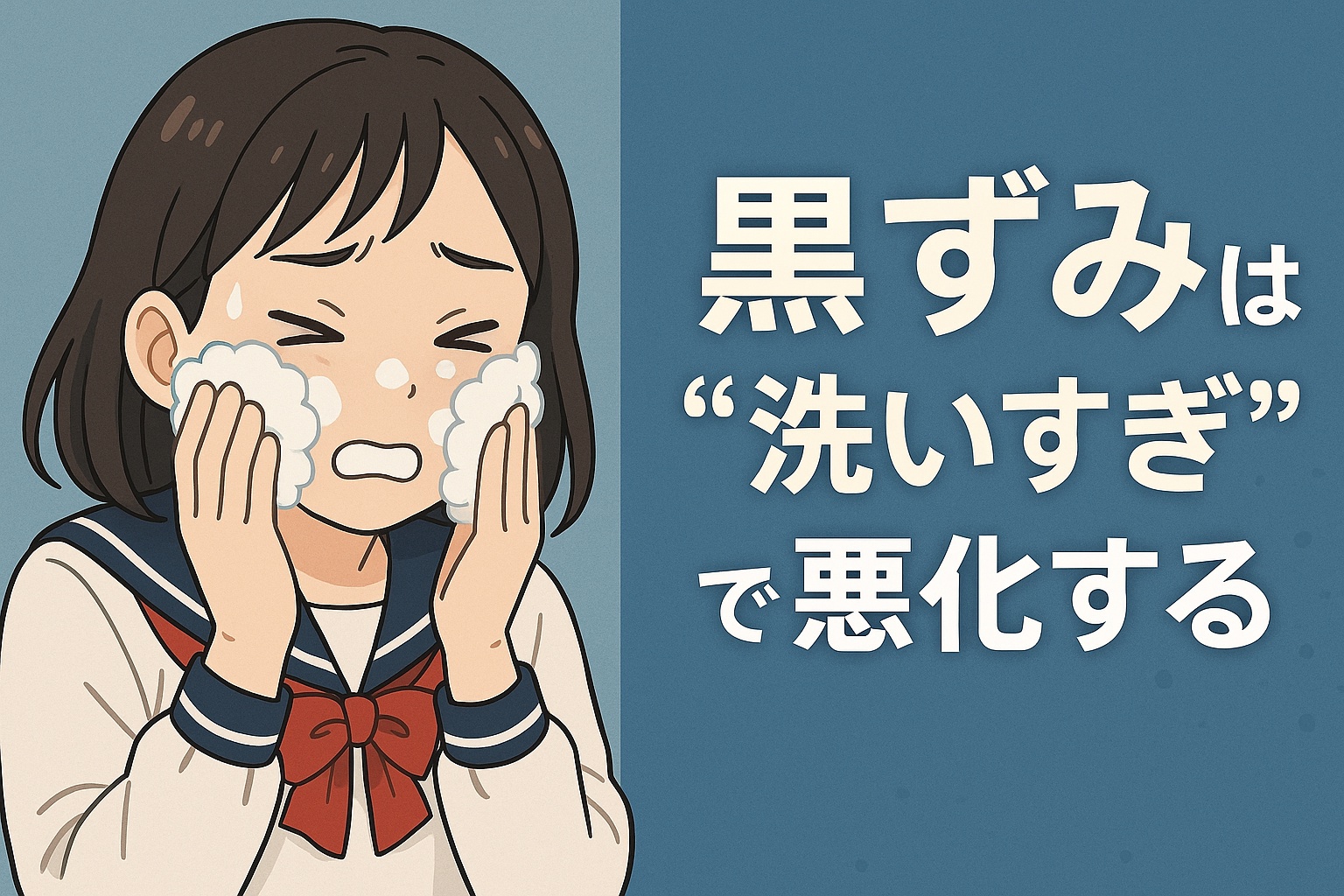 女子中学生がセーラー服姿でゴシゴシ洗顔をしているイラスト。泡が顔に残ったまま困惑した表情をしており、横には「黒ずみは“洗いすぎ”で悪化する」という大きな文字が描かれている。