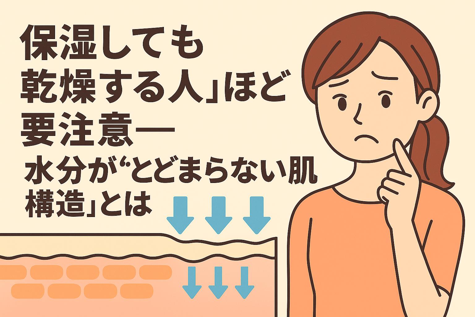 「保湿しても乾燥する人ほど要注意」というメッセージと共に、水分が肌内部にとどまらず抜けていく様子を断面図で解説。女性の心配そうな表情と共に構造的な問題を示唆。
