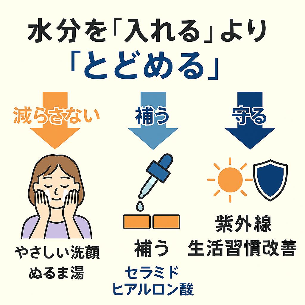 「水分を『入れる』より『とどめる』」という見出しの日本語インフォグラフィック。
3つのステップがイラストとともに整理されている。
減らさない:やさしい洗顔・ぬるま湯(女性が顔を手でやさしく洗うイラスト)
補う:セラミド・ヒアルロン酸(スポイトから水滴をレンガに落とすイラスト)
守る:紫外線・生活習慣改善(太陽と盾のアイコン)
水分を与えるだけでなく「減らさない・補う・守る」でとどめることの重要性を強調している。