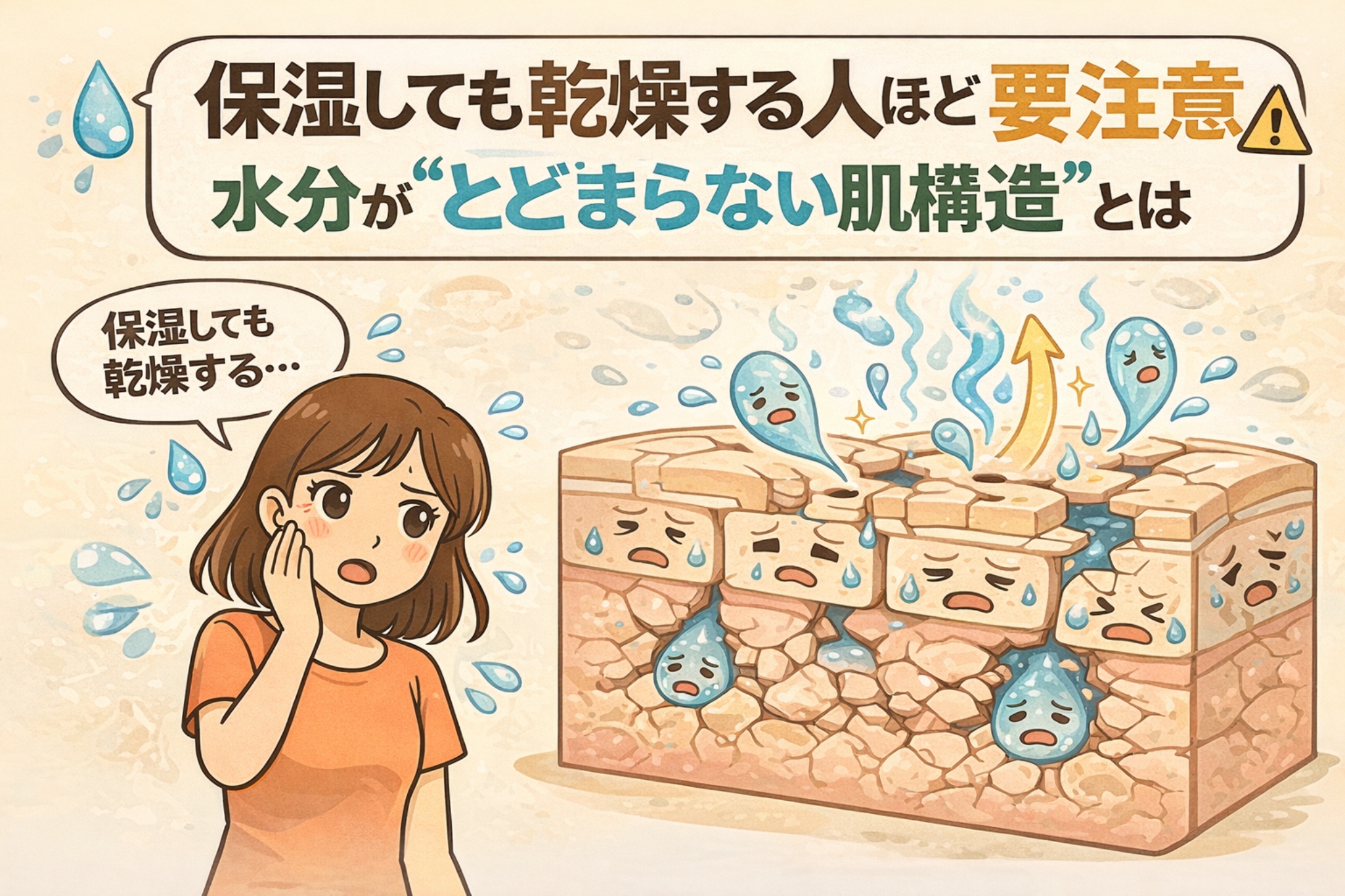 保湿しても乾燥する原因を肌構造で解説したイラスト。水分が角層内にとどまらず蒸発してしまう状態を断面図で示し、「水分が保持できない肌構造」の考え方をわかりやすく説明している。