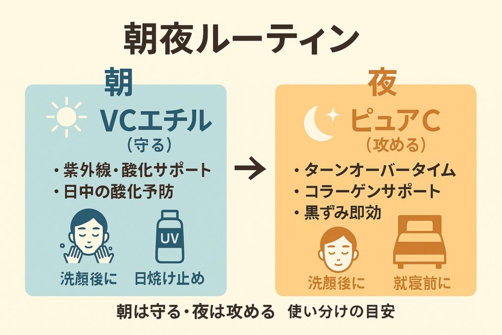 「朝夜ルーティン」と題された図解。

左（水色背景）：朝、VCエチル（守る）。ポイント＝紫外線・酸化サポート、日中の酸化予防。アイコン＝太陽・洗顔・日焼け止め。

右（オレンジ背景）：夜、ピュアC（攻める）。ポイント＝ターンオーバータイム、コラーゲンサポート、黒ずみ即効。アイコン＝月・洗顔・就寝。
下部に「朝は守る・夜は攻める 使い分けの目安」と記載。