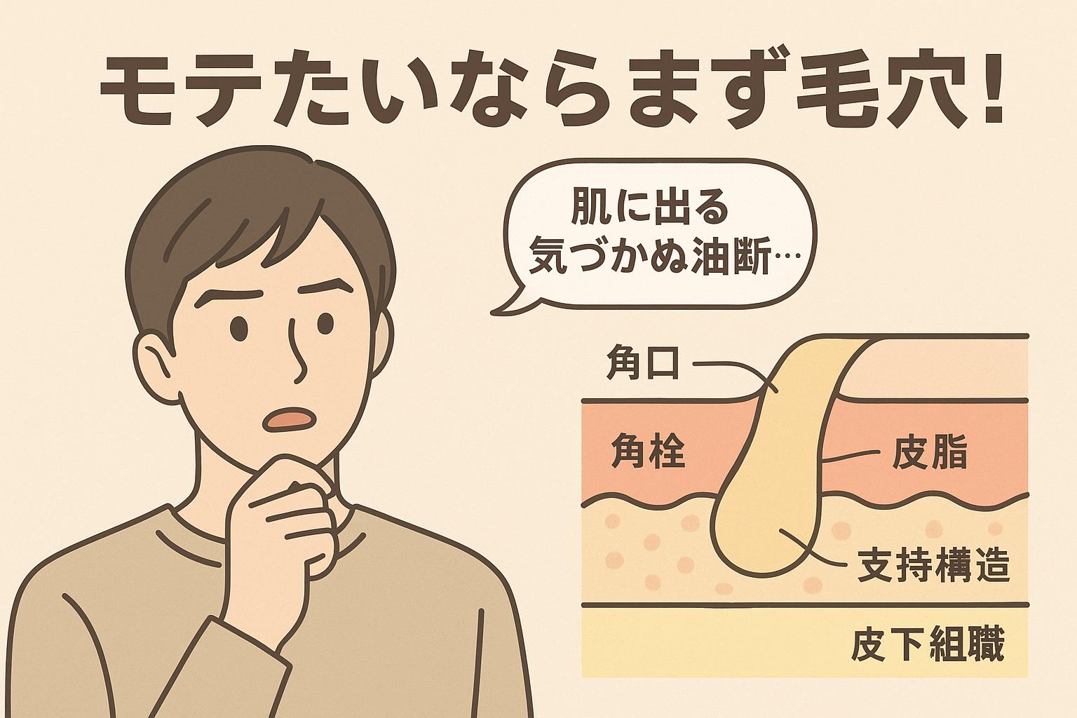 「モテたいならまず毛穴！」というキャッチコピーとともに、男子大学生が悩む様子で登場。隣には毛穴の断面構造が描かれ、「角栓」「皮脂」「支持構造」「皮下組織」などのラベルが並び、「気づかぬ油断」が肌に出ることを可視化している。