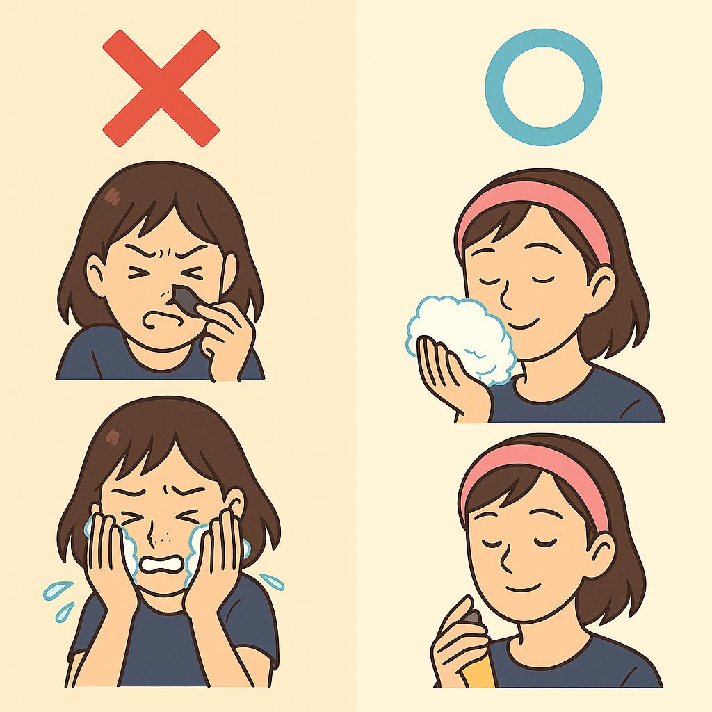 「スキンケアのNG行動と正しい行動を比較したイラスト。左側には鼻を強く押す・顔をゴシゴシ洗う少女が描かれ、赤いバツ印が付いている。右側には泡でやさしく洗顔し、保湿する少女が描かれ、青い丸印が付いている。」