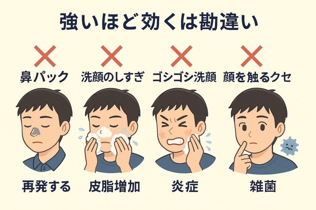「男子の毛穴ケアにおけるNG行動をまとめたイラスト。上部に『強いほど効くは勘違い』と書かれている。左から順に、❌鼻パック＝再発する、❌洗顔のしすぎ＝皮脂増加、❌ゴシゴシ洗顔＝炎症、❌顔を触るクセ＝雑菌、の4つがイラスト付きで示されている。」 