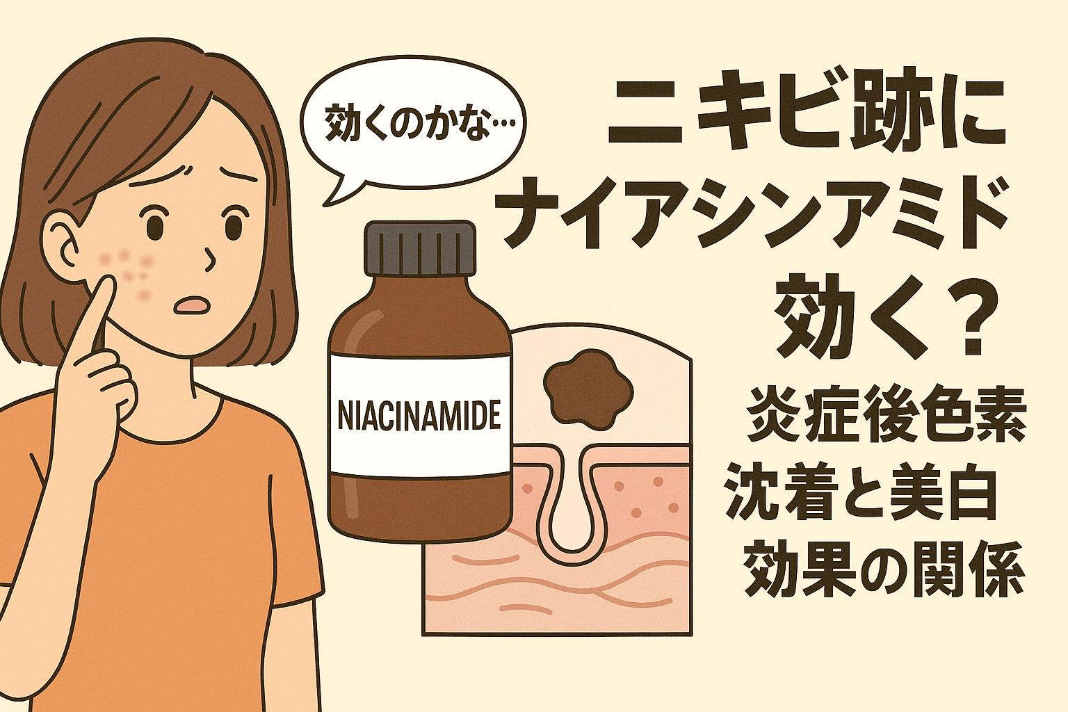 ニキビ跡に悩む女性がナイアシンアミドの効果を疑問視する様子と、肌の断面図、茶色の色素沈着が描かれた図解風イラスト。タイトル「ニキビ跡にナイアシンアミド効く？」が右側に太字で表示。