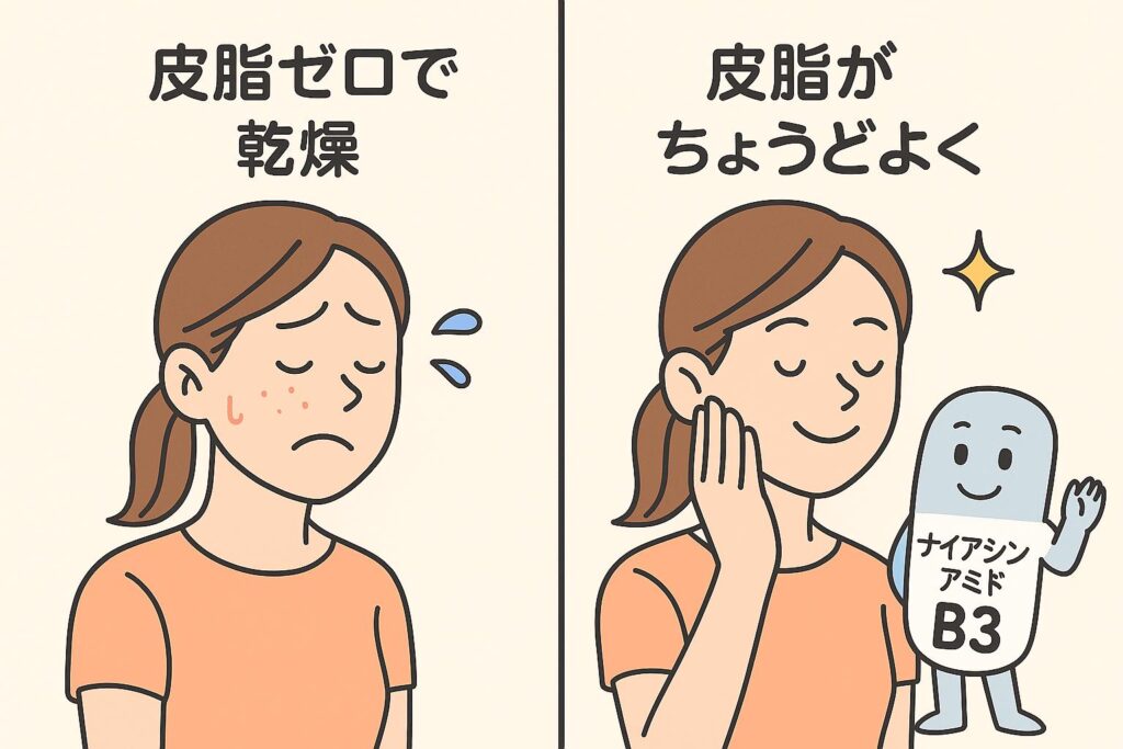 左側は「皮脂ゼロで乾燥」と表示され、赤みや乾燥で悩む女性のイラスト。右側は「皮脂がちょうどよく」と表示され、健やかで潤いのある肌の女性が微笑んでおり、横にはナイアシンアミドB3のキャラクターが描かれている。皮脂を減らしすぎず、バランスが大切であることを伝える図解。