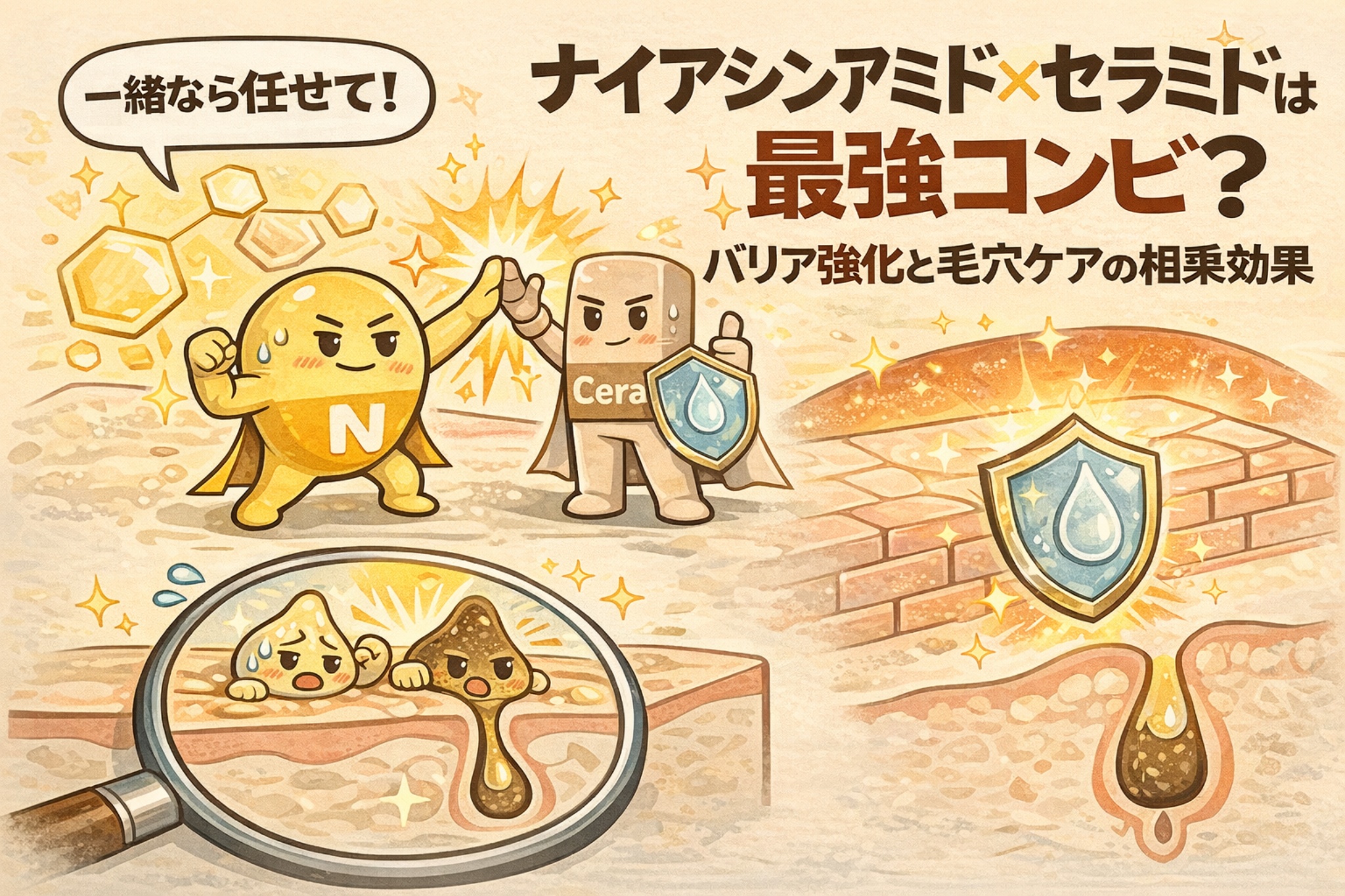 ナイアシンアミドとセラミドの組み合わせが、肌バリア強化と毛穴ケアに相乗効果をもたらすことを解説したイラスト。擬人化した成分キャラクターが協力し、角栓や皮脂トラブルを防ぎながら肌を守る仕組みを、毛穴断面図とシールド表現でわかりやすく示している。