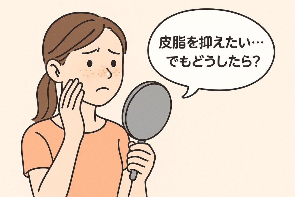 鏡を見ながら鼻のテカリと開き毛穴を気にしている女性。吹き出しで「皮脂を抑えたい…でもどうしたら?」と悩んでいる様子を描いたイラスト。毛穴悩みに共感を誘う導入イメージ。