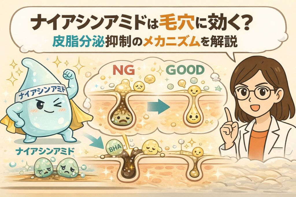 ナイアシンアミドが毛穴にどう作用するかを、皮脂分泌抑制のメカニズムとして解説した図解イラスト。NGとGOODの毛穴状態を比較し、擬人化されたナイアシンアミド成分と白衣の女性が説明している。