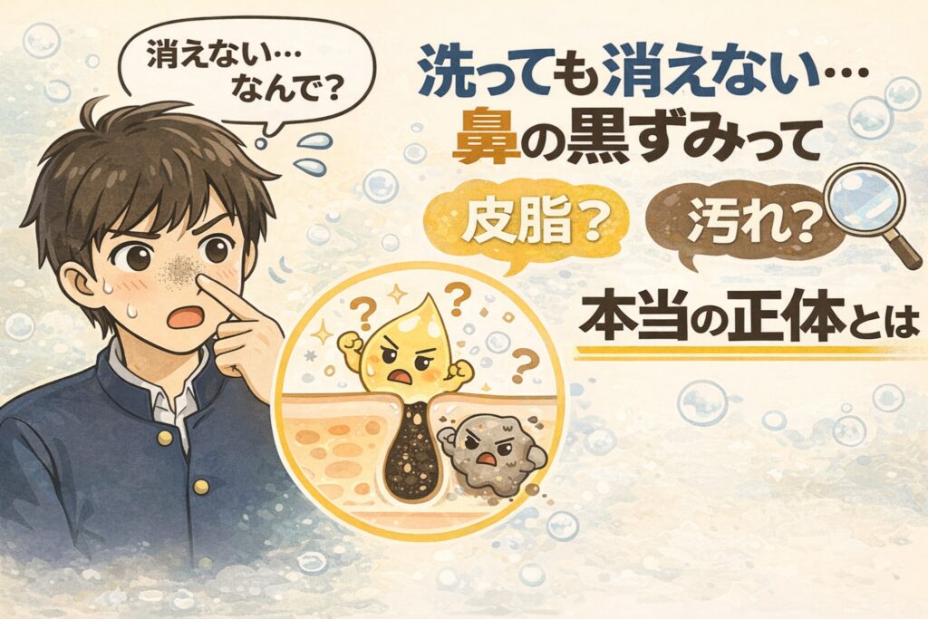 洗顔しても消えない鼻の黒ずみの正体を解説する図解イラスト。鼻の黒ずみを気にして指で触る男子学生と、中央には毛穴断面図が描かれ、皮脂が酸化して角栓となる様子が示されている。右側には「皮脂？汚れ？」という問いかけがあり、黒ずみは汚れではなく毛穴内部の皮脂や角栓構造が原因であることをわかりやすく伝えるビジュアル。