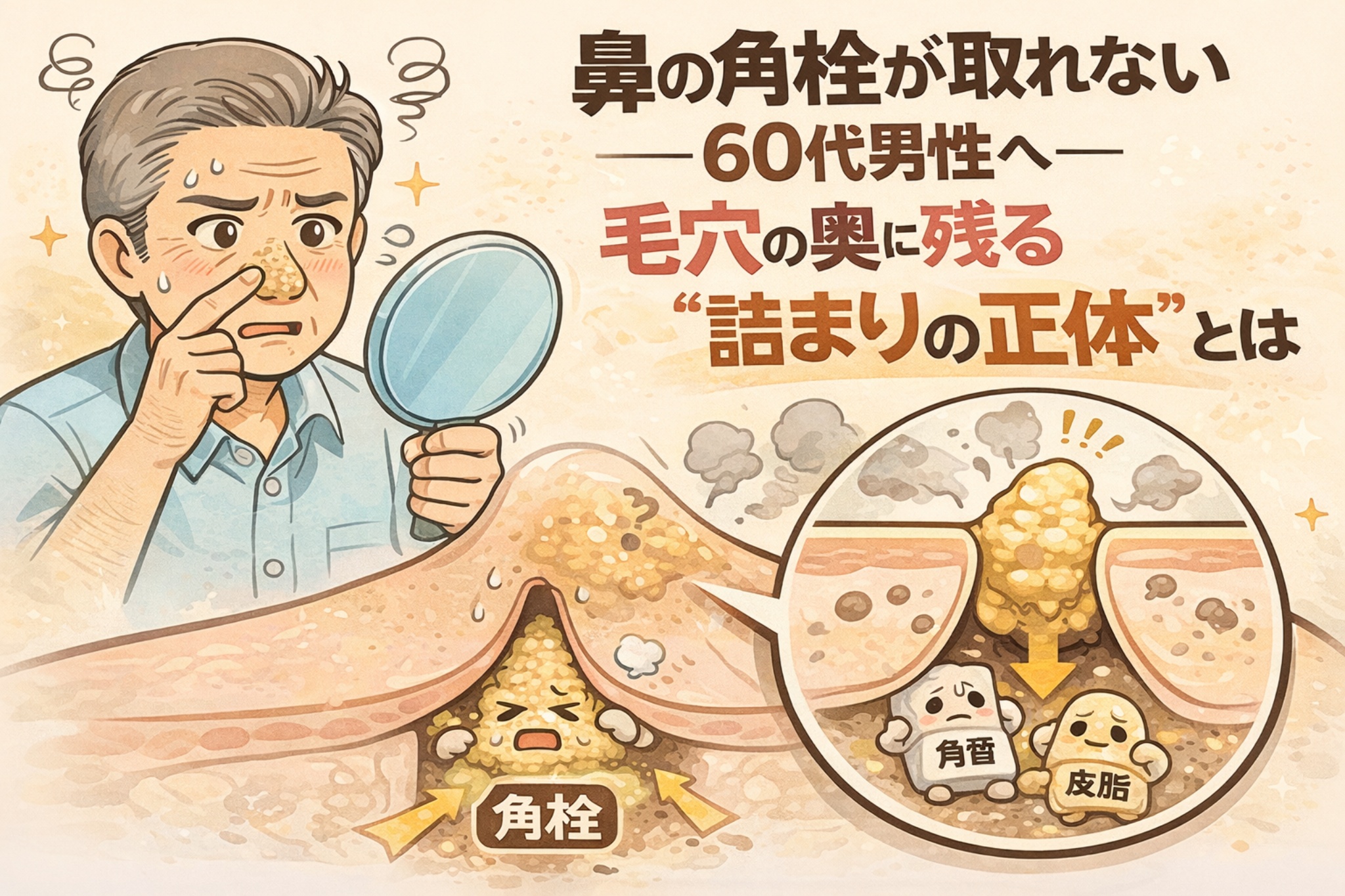 60代男性の鼻の角栓悩みを解説する図解イラスト。鏡を見て鼻を気にする高齢男性の横に、毛穴断面の拡大図が描かれ、毛穴の奥に角質（角栓）と皮脂が層状に残って詰まっている様子が擬人化で表現されている。「鼻の角栓が取れない」「毛穴の奥に残る詰まりの正体」といったテーマを、加齢による皮脂・角質構造の変化とともに分かりやすく示した教育用ビジュアル。
