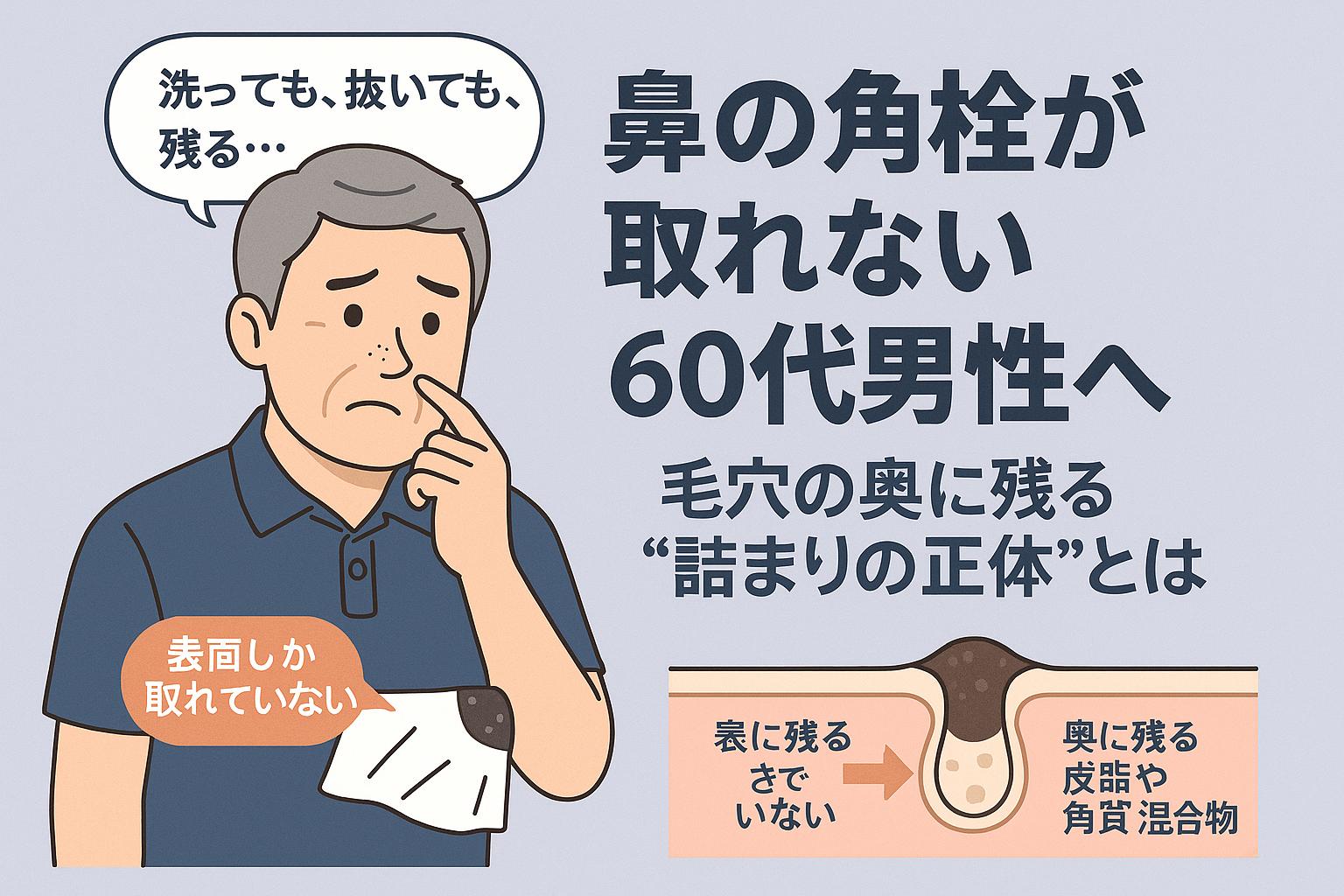ポロシャツを着た60代男性が鼻を気にする表情を見せながら、「洗っても、抜いても、残る…」と吹き出しで語る。右には毛穴断面図で皮脂と角質の詰まりが奥に残っている様子を図解。