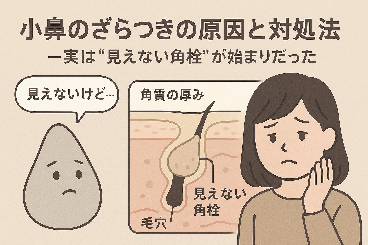 　「小鼻のざらつきの原因と対処法──実は“見えない角栓”が始まりだった」というタイトル。黒ずみキャラが「ここにいるんです……」と語り、中央に見えない角栓によるざらつきの構造図、右に鼻を気にする女性の構成。洗顔・保湿の対処も明示。