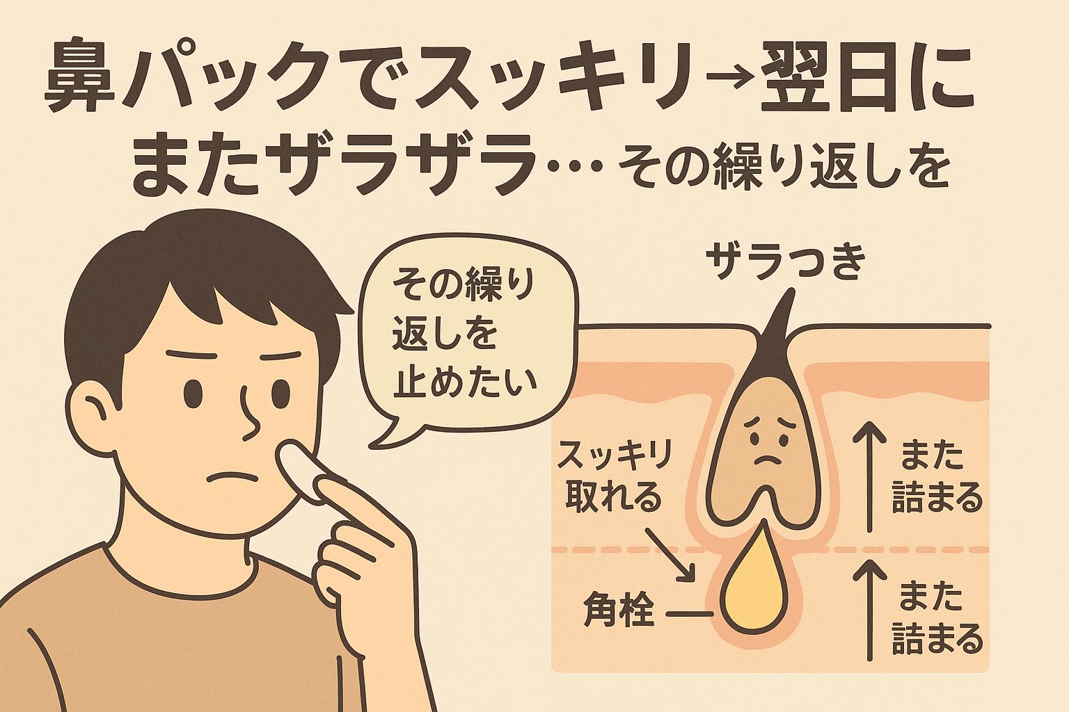「その繰り返しを止めたい」と語る男性と、角栓がスッキリ取れてもまた詰まる様子を断面図で表現。「スッキリ取れる」「また詰まる」「ザラつき」などのラベルがあり、毛穴詰まりの再発サイクルに警鐘を鳴らしている。